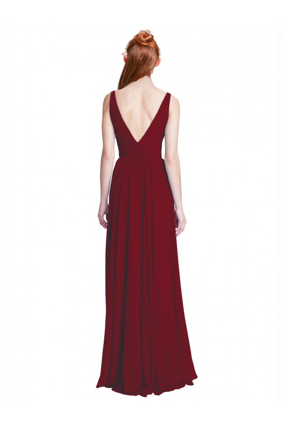 Bordeaux Trapèze Col V Mousseline Longue Robes demoiselle d'honneur Grossiste