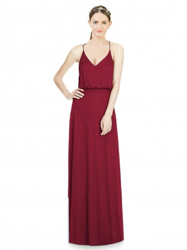 Bordeaux Trapèze Col V Mousseline Longue Robes demoiselle d'honneur Grossiste