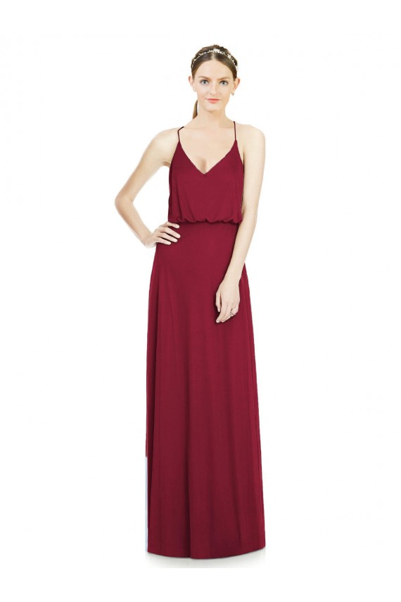 Bordeaux Trapèze Col V Mousseline Longue Robes demoiselle d'honneur Grossiste