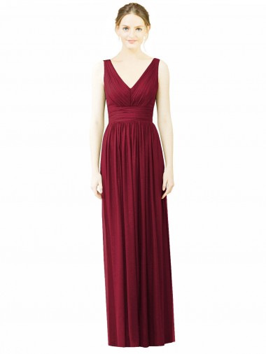 Bordeaux Trapèze Col V Mousseline Longue Robes demoiselle d'honneur Grossiste