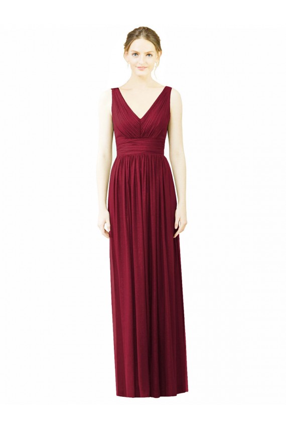 Bordeaux Trapèze Col V Mousseline Longue Robes demoiselle d'honneur Grossiste