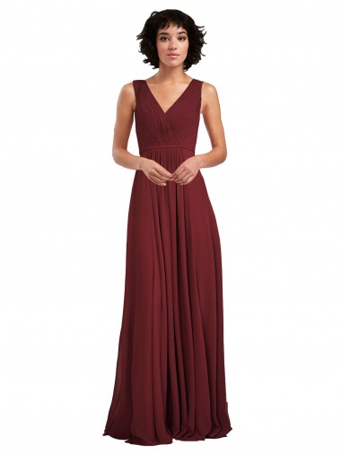 Bordeaux Trapèze Col V Mousseline Longue Robes demoiselle d'honneur Grossiste