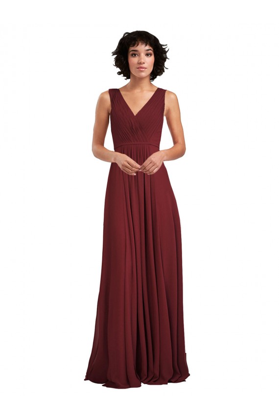 Bordeaux Trapèze Col V Mousseline Longue Robes demoiselle d'honneur Grossiste