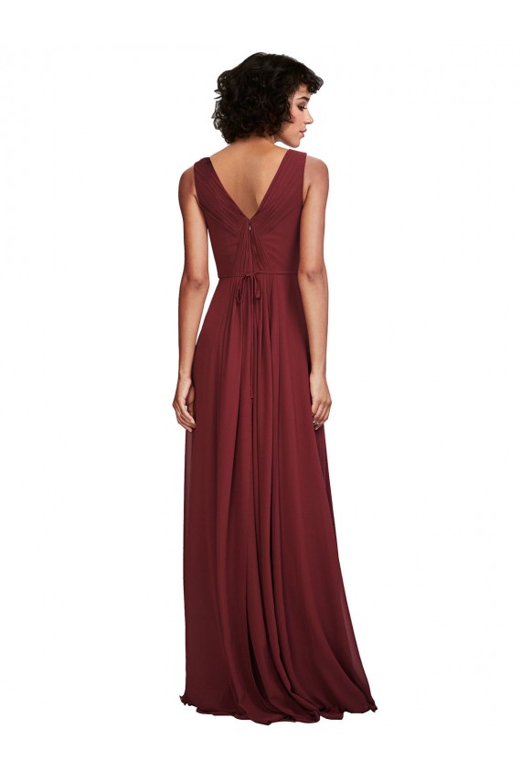 Bordeaux Trapèze Col V Mousseline Longue Robes demoiselle d'honneur Grossiste