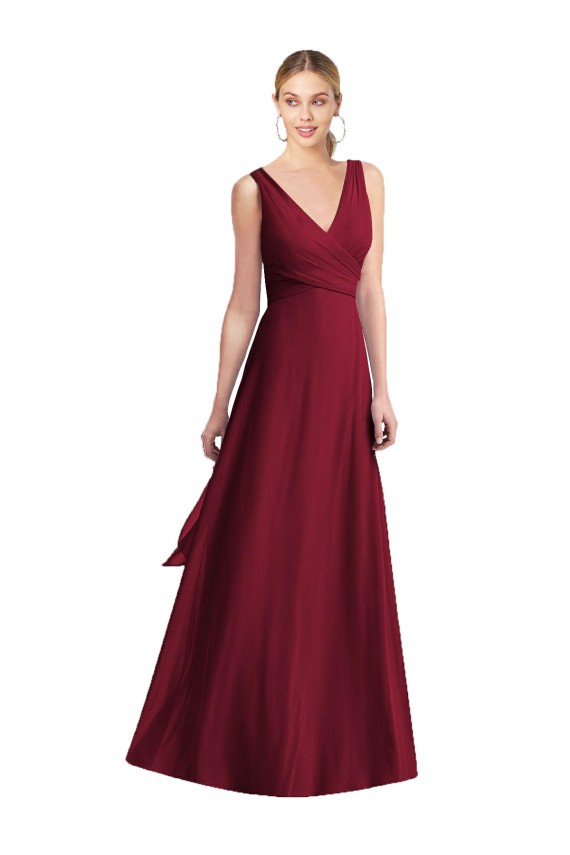 Bordeaux Trapèze Col V Mousseline Longue Robes demoiselle d'honneur Grossiste