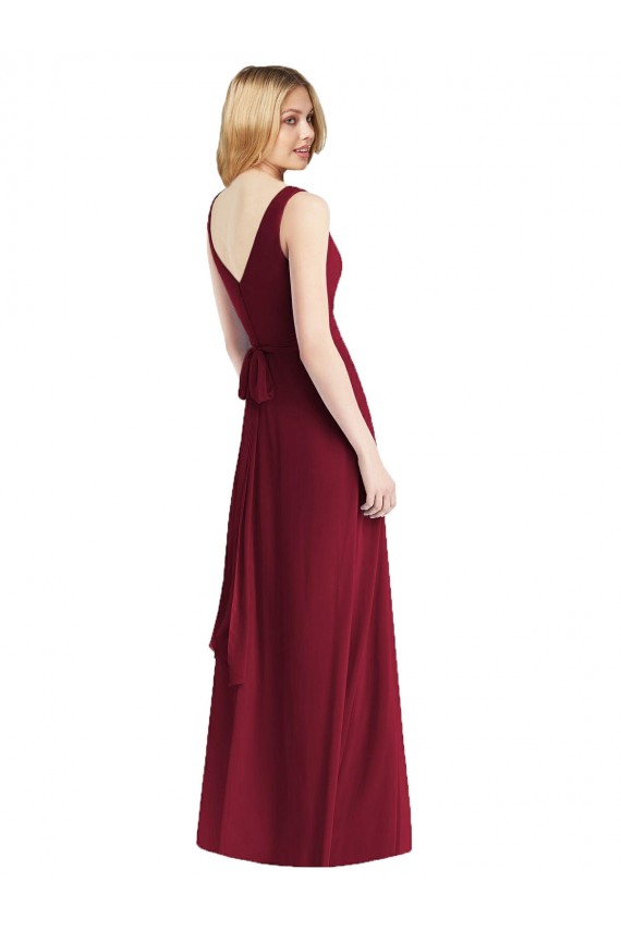 Bordeaux Trapèze Col V Mousseline Longue Robes demoiselle d'honneur Grossiste