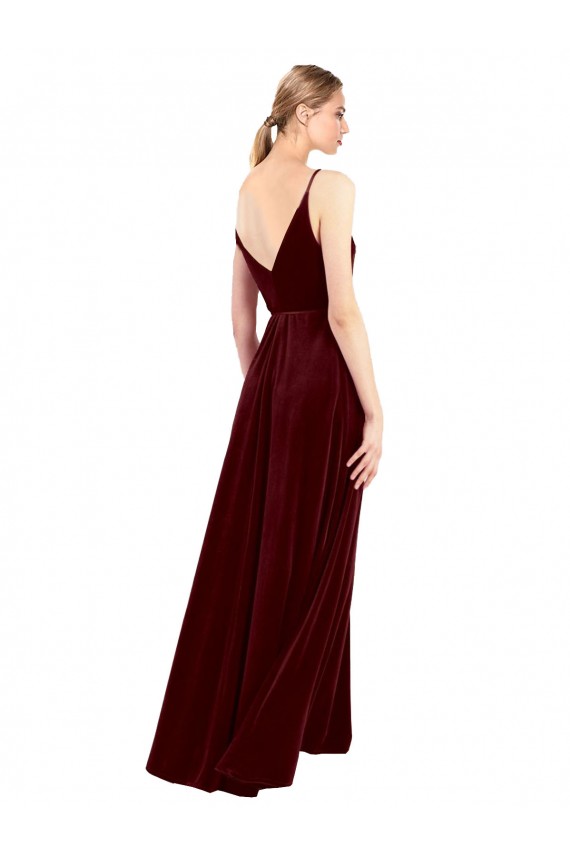 Bordeaux Trapèze Col V Velours Stretch Longue Formelles Robes demoiselle d'honneur / Robes de soirée / Robes de bal Grossiste