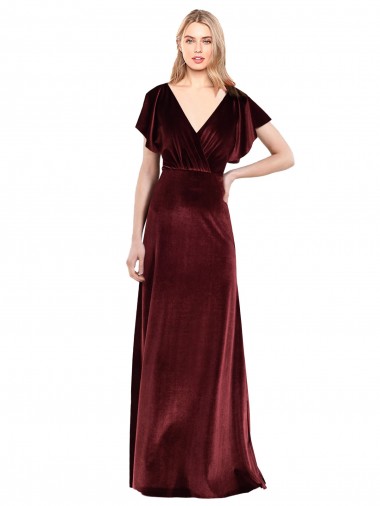 Bordeaux Trapèze Col V Velours Stretch Longue Robes demoiselle d'honneur / Robes de bal Grossiste