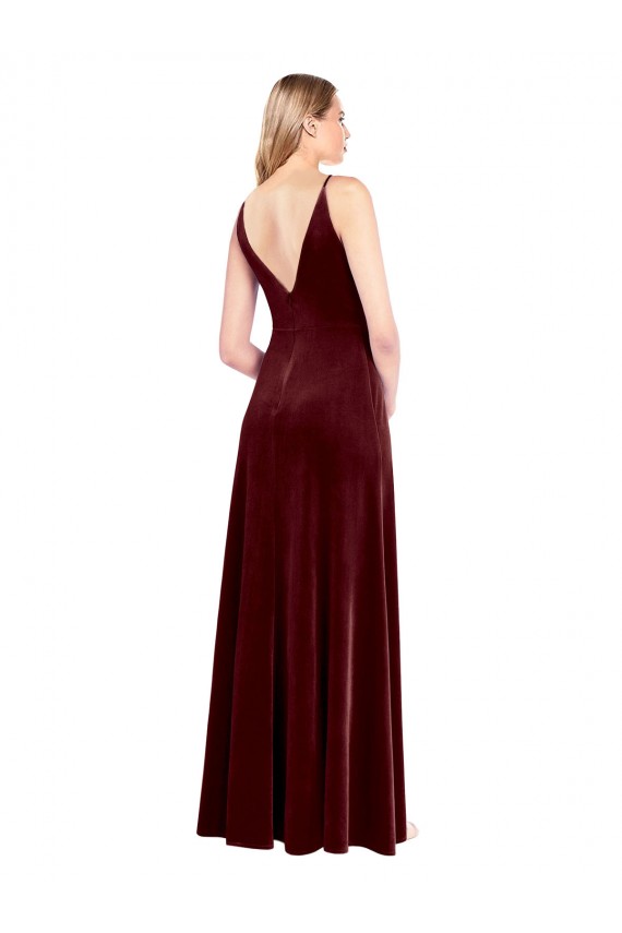 Bordeaux Trapèze Col V Velours Stretch Longue Robes demoiselle d'honneur / Robes de bal Grossiste