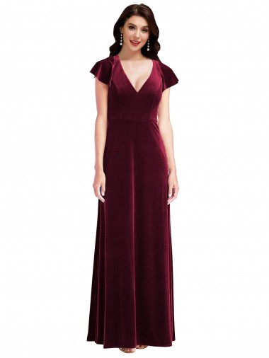 Bordeaux Trapèze Col V Velours Stretch Longue Robes demoiselle d'honneur / Robes de bal Grossiste