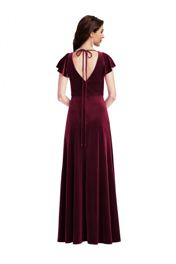 Bordeaux Trapèze Col V Velours Stretch Longue Robes demoiselle d'honneur / Robes de bal Grossiste