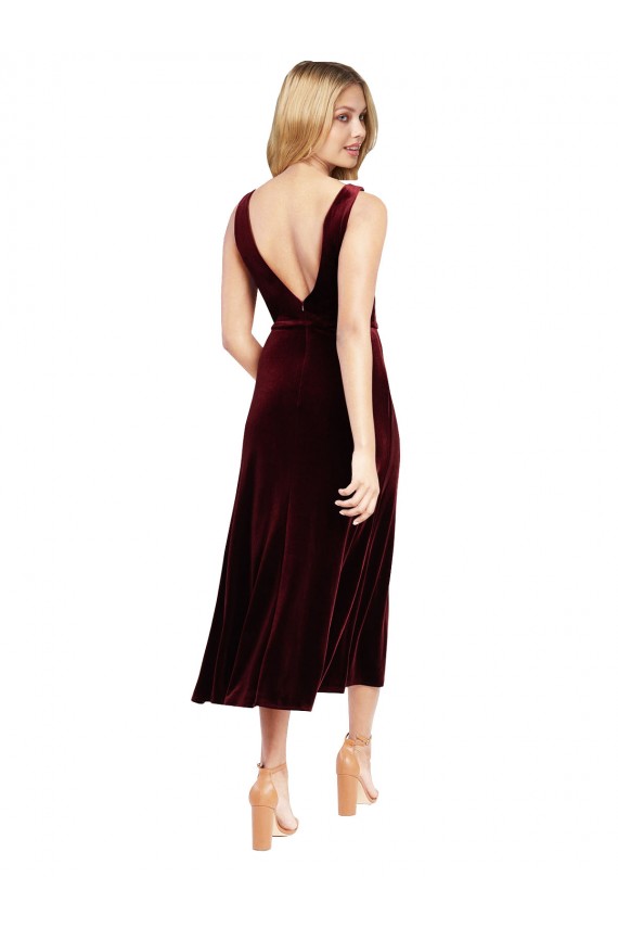 Bordeaux Trapèze Col V midi Velours Stretch Courte Robes demoiselle d'honneur / Robes de bal / Robes de cocktail Grossiste