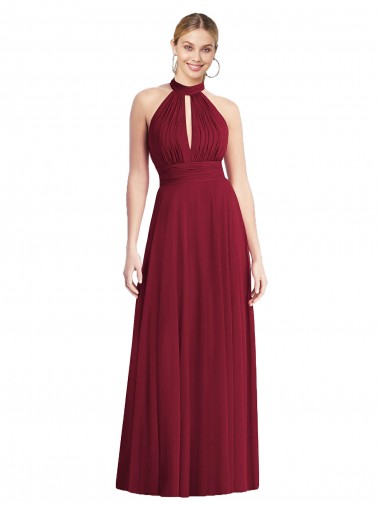 Bordeaux Trapèze Licou Col Haut Mousseline Longue Robes demoiselle d'honneur Grossiste