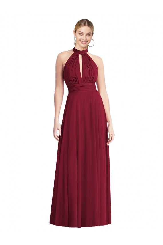 Bordeaux Trapèze Licou Col Haut Mousseline Longue Robes demoiselle d'honneur Grossiste