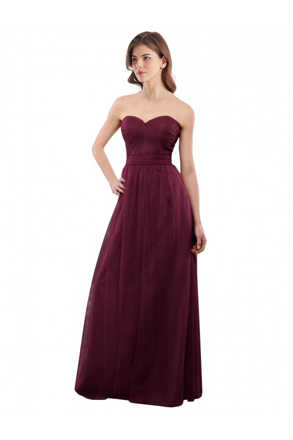 Bordeaux Trapèze Sans bretelle Tulle Longue Robes demoiselle d'honneur Grossiste