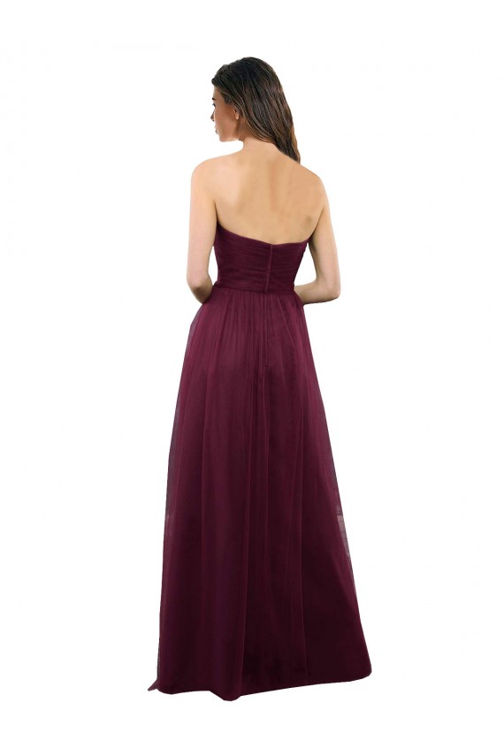 Bordeaux Trapèze Sans bretelle Tulle Longue Robes demoiselle d'honneur Grossiste