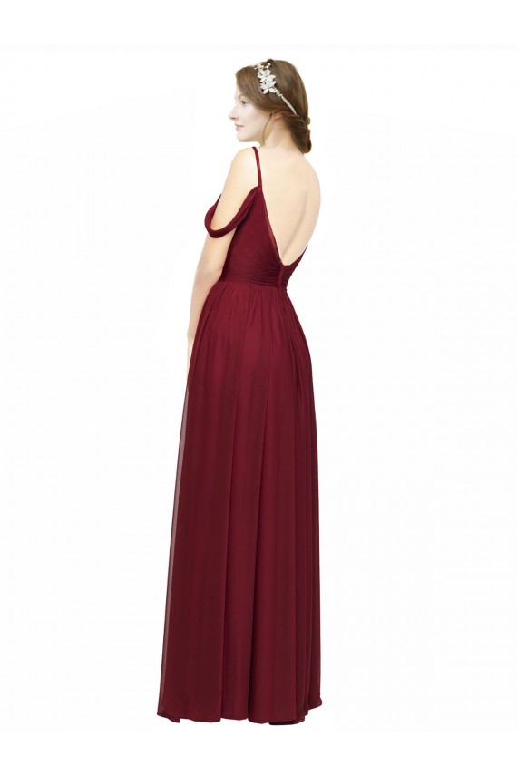 Bordeaux Trapèze Épaule Dénudée Bretelles spaghetti Mousseline Longue Robes demoiselle d'honneur Grossiste