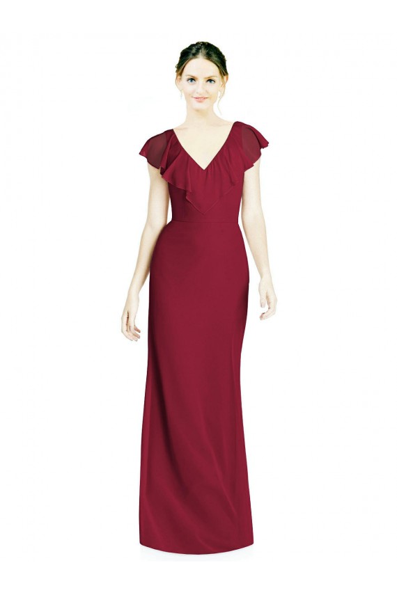 Bordeaux Trompette Col V Mousseline Longue Robes demoiselle d'honneur Grossiste