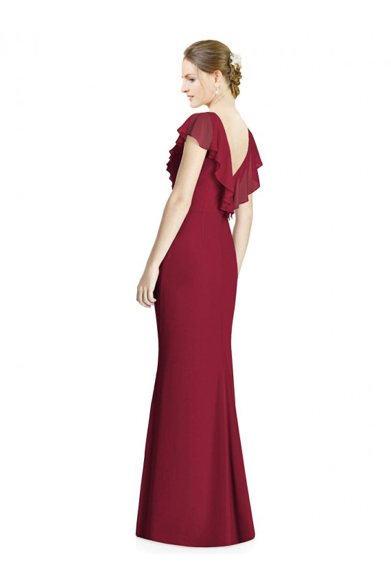 Bordeaux Trompette Col V Mousseline Longue Robes demoiselle d'honneur Grossiste