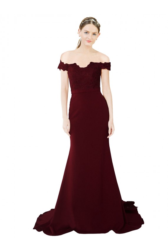 Bordeaux foncé Sirène Épaule Dénudée Balayage train Crêpe Stretch Dentelle Longue Formelles Robes demoiselle d'honneur / Robes de soirée / Robes de bal Grossiste