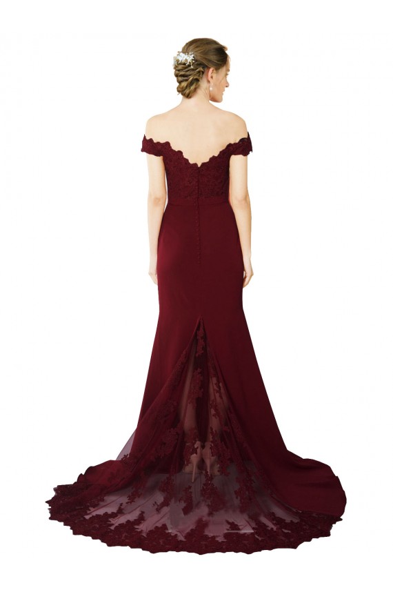 Bordeaux foncé Sirène Épaule Dénudée Balayage train Crêpe Stretch Dentelle Longue Formelles Robes demoiselle d'honneur / Robes de soirée / Robes de bal Grossiste