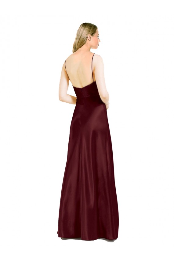 Bordeaux foncé Trapèze Bretelles spaghetti Col V Satiné Stretch Longue Formelles Robes demoiselle d'honneur / Robes de soirée / Robes de bal Grossiste