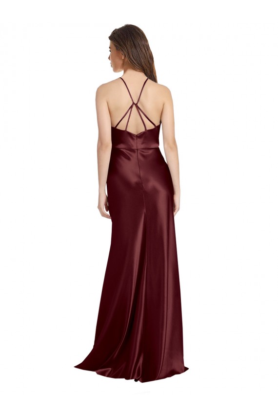 Bordeaux foncé Trapèze Bretelles spaghetti Col V Satiné Stretch Longue Formelles Robes demoiselle d'honneur / Robes de soirée / Robes de bal Grossiste