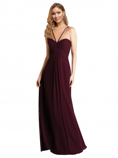 Bordeaux foncé Trapèze Bretelles spaghetti Mousseline Longue Robes demoiselle d'honneur Grossiste