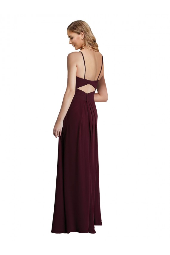 Bordeaux foncé Trapèze Bretelles spaghetti Mousseline Longue Robes demoiselle d'honneur Grossiste