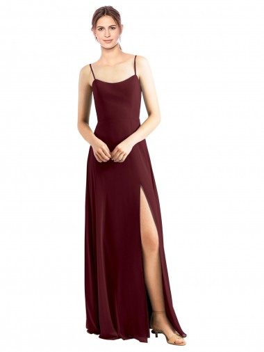 Bordeaux foncé Trapèze Bretelles spaghetti Scoop Mousseline Longue Robes demoiselle d'honneur Grossiste