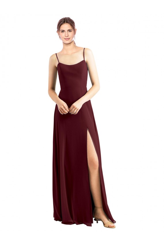 Bordeaux foncé Trapèze Bretelles spaghetti Scoop Mousseline Longue Robes demoiselle d'honneur Grossiste