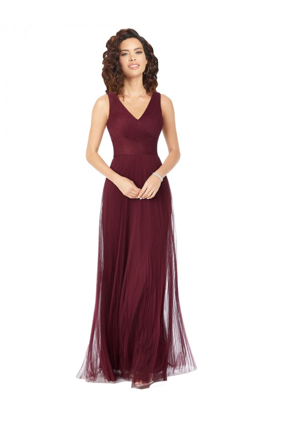 Bordeaux foncé Trapèze Col V Tulle Longue Robes demoiselle d'honneur Grossiste