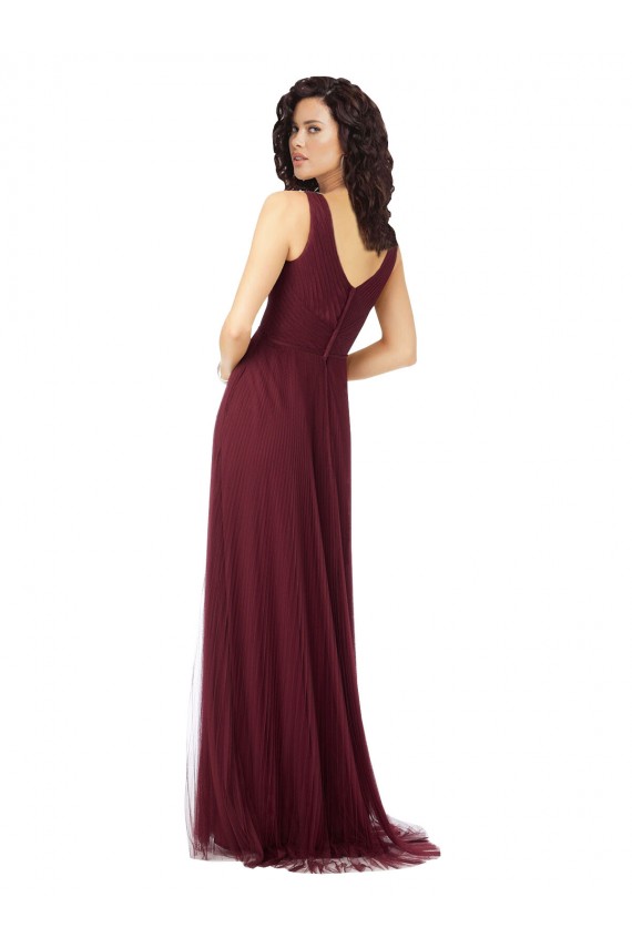 Bordeaux foncé Trapèze Col V Tulle Longue Robes demoiselle d'honneur Grossiste