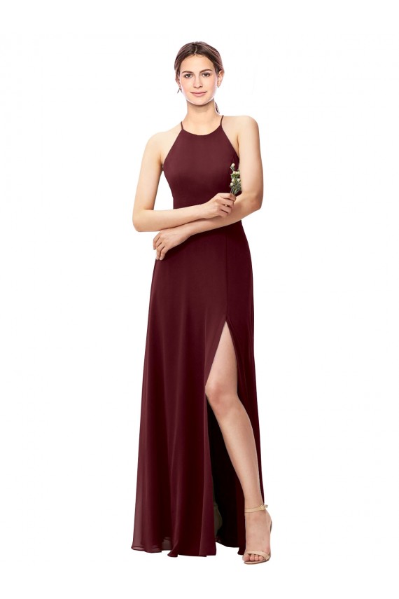 Bordeaux foncé Trapèze Licou Col Haut Mousseline Longue Robes demoiselle d'honneur Grossiste