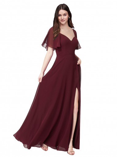 Bordeaux foncé Trapèze Mousseline Longue Robes demoiselle d'honneur Grossiste