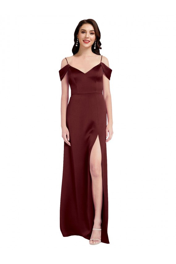 Bordeaux foncé Trapèze Épaule Dénudée Col V Satiné Stretch Longue Formelles Robes demoiselle d'honneur / Robes de soirée / Robes de bal Grossiste