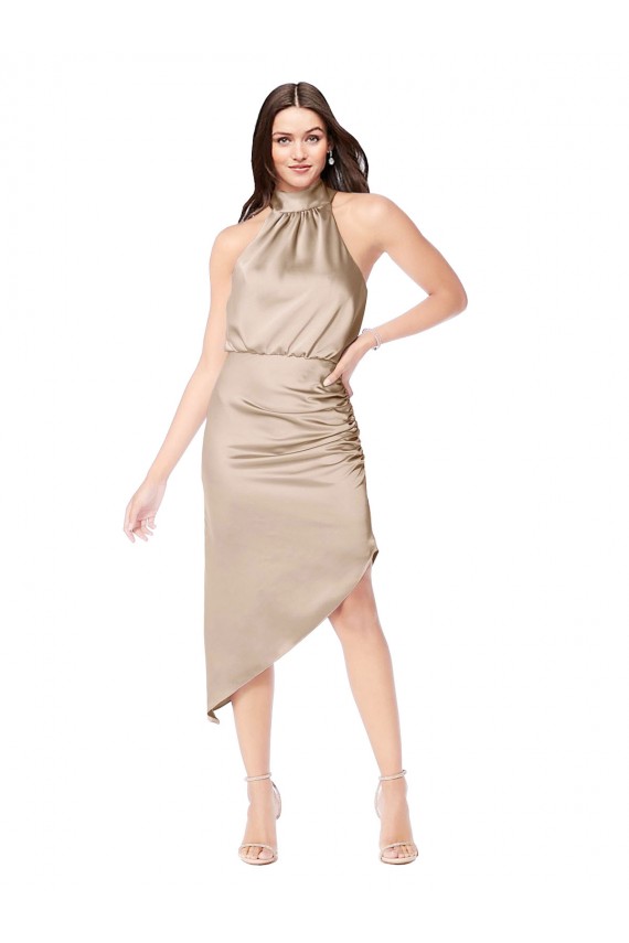 Champagne Rose Trapèze Licou midi Satiné Soyeux Courte Asymétrique Robes demoiselle d'honneur / Robes de bal / Robes de cocktail Grossiste