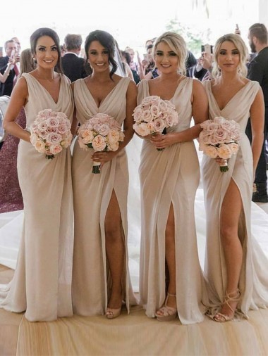 Champagne Trapèze Col V Mousseline Longue Robes demoiselle d'honneur Grossiste