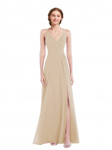 Champagne Trapèze Col V Mousseline Longue Robes demoiselle d'honneur Grossiste