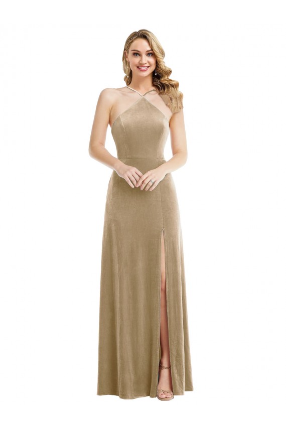 Champagne Trapèze Licou Col Haut Velours Stretch Longue Robes demoiselle d'honneur / Robes de bal Grossiste