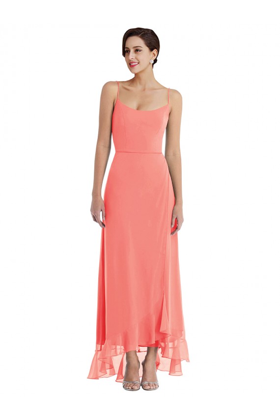Corail Trapèze Bretelles spaghetti Scoop Mousseline Longue Asymétrique Robes demoiselle d'honneur Grossiste