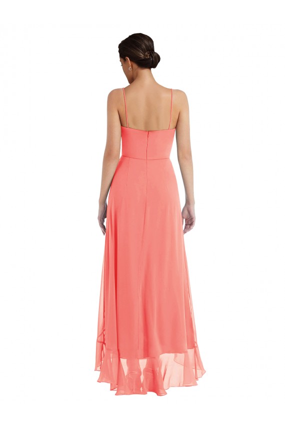 Corail Trapèze Bretelles spaghetti Scoop Mousseline Longue Asymétrique Robes demoiselle d'honneur Grossiste
