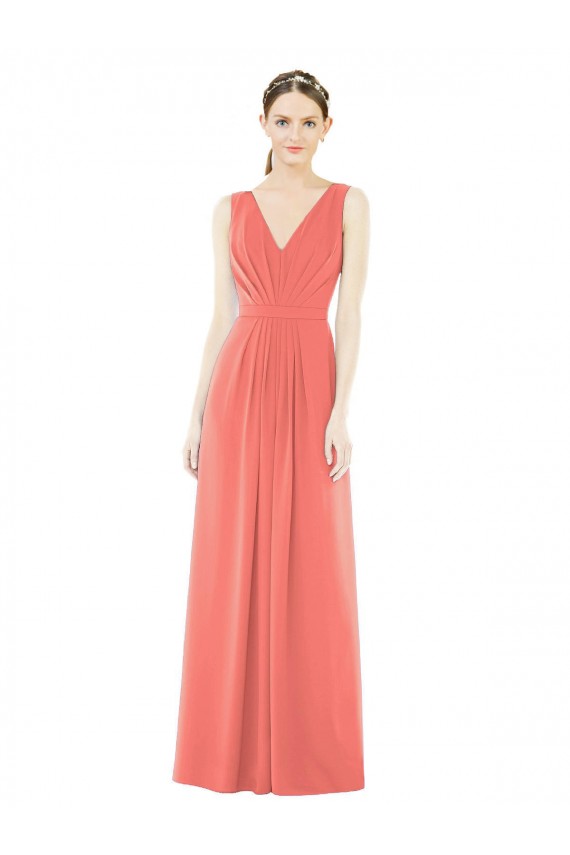 Corail Trapèze Col V Mousseline Longue Robes demoiselle d'honneur Grossiste
