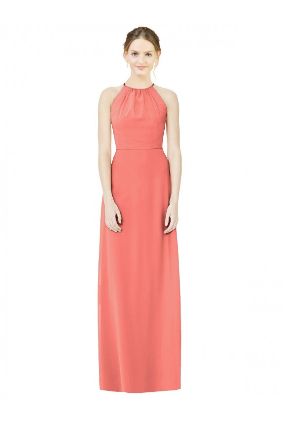 Corail Trapèze Licou Mousseline Longue Robes demoiselle d'honneur Grossiste