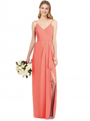 Corail Trompette Bretelles spaghetti Col V Mousseline Longue Robes demoiselle d'honneur Grossiste
