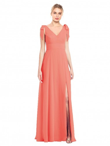 Corail Trompette Col V Mousseline Longue Robes demoiselle d'honneur Grossiste