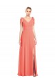 Corail Trompette Col V Mousseline Longue Robes demoiselle d'honneur Grossiste