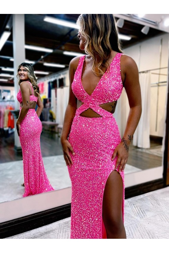 Couleur affichée Fourreau Col V Balayage train Paillettes Velours Longue Robes de bal Grossiste