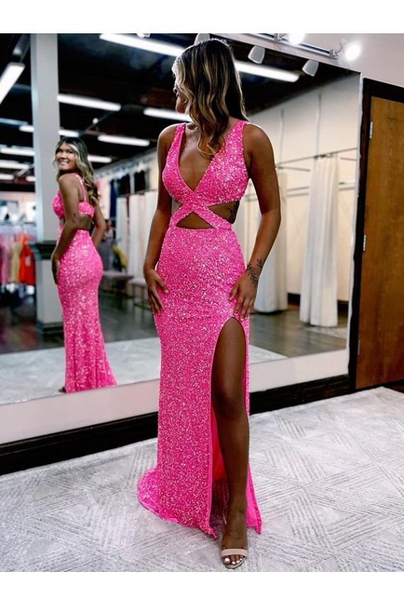 Couleur affichée Fourreau Col V Balayage train Paillettes Velours Longue Robes de bal Grossiste