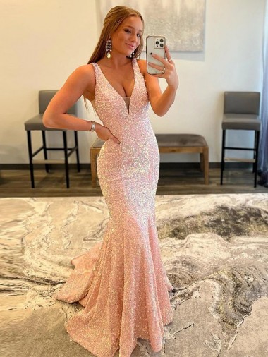 Couleur affichée Fourreau Col V Balayage train Paillettes Velours Longue Robes de bal Grossiste